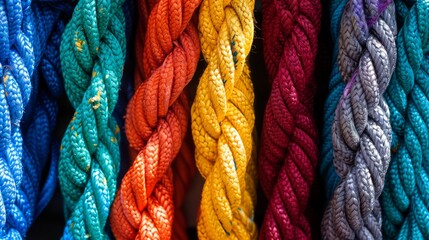 A vibrant and detailed close-up of multicolored braided ropes demonstrating texture and pattern - Powered by Adobe