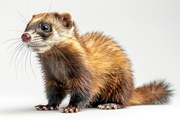 Cute small ferret sits, fluffy and curious, against a white background, its playful nature evident