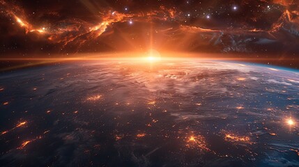 Epic Space Sunset Wallpaper Featuring Earth Orbit and Starry Galaxies