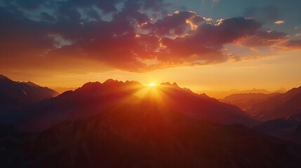 A majestic mountain range bathed in the warm glow of the rising sun, symbolizing renewal and blessings on Eid