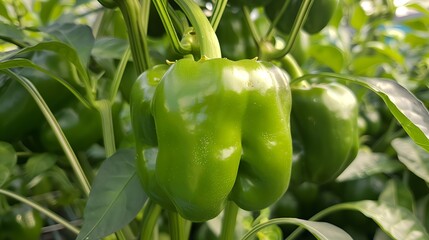 Fresh Green Bell Peppers Growing in a Greenhouse