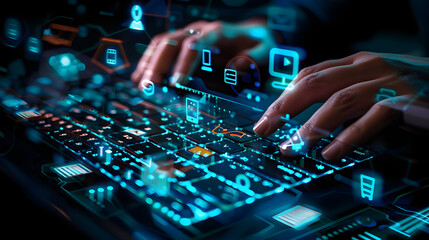 Obraz premium Hand typing on keyboard with AI technology icons floating above. depicting digital transformation in business 