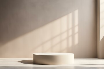 Minimalist display podium, neutral beige background, modern product showcase, empty stage with sunlight, clean interior design, simple round platform, contemporary presentation backdrop, soft lighting