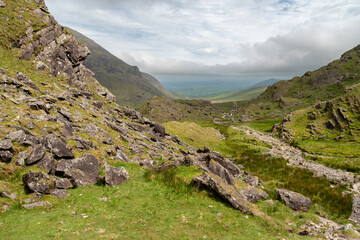 Panoramic view from Devils Ladder, one of most difficult trails, that is leading to highest Irish mountain Carrauntoohill or Carrantuohill is the highest mountain in Ireland at 1038m in Ring of Kerry