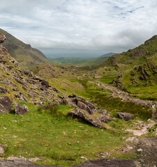 Panoramic view from Devils Ladder, one of most difficult trails, that is leading to highest Irish mountain Carrauntoohill or Carrantuohill is the highest mountain in Ireland at 1038m in Ring of Kerry
