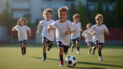 A group of children practicing passing drills with perfect technique