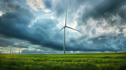 Obraz premium Wind Turbine in Green Field under Cloudy Sky