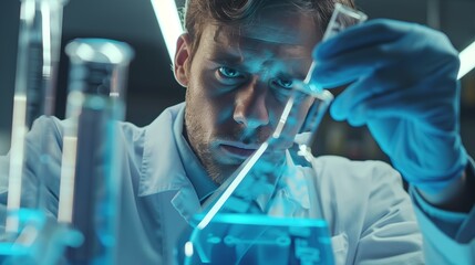 Scientist analyzing blue substance in lab. Concept of research and discovery.