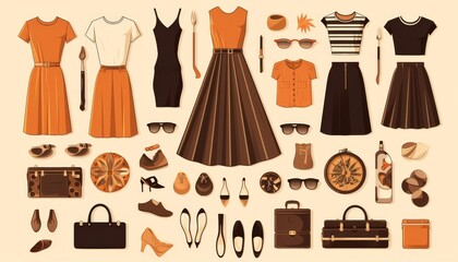 Vintage clothing flat design top view chic theme cartoon drawing Tetradic color scheme