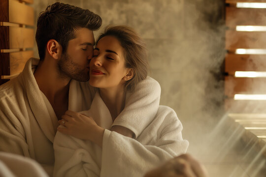 heterosexual couple wearing bathrobes enjoys a steamy sauna together - Powered by Adobe