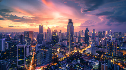 Obraz premium Impressive city skyline with skyscrapers and twilight sky. Aerial view banner. Copy space concept. 