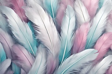 Fototapeta premium close up of colorful feathers, Delicate pastel feathers, white, pink, blue, soft texture, gentle, light, airy, abstract background, ethereal, dreamy, close-up, fluffy, decorative, natural, elegant