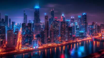 Illuminated Urban Cityscape at Night Featuring Skyscrapers, Neon Lights, and Vibrant Street Life in a Metropolitan Downtown Area. Perfect Representation of Modern Nightlife and Urban Exploration with 