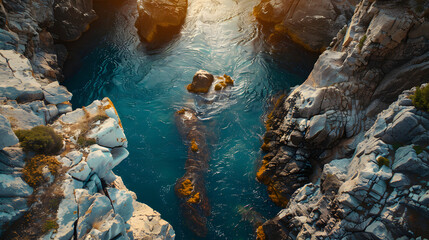 Majestic canyon with rugged rocks and sapphire river. Bird&rsquo;s eye perspective banner. Copy space concept. 