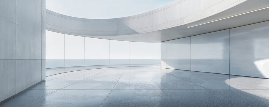 Empty minimal abstract architecture building interior or exterior concrete design open space floor courtyard white showcase area and curved walls museum, display showroom mockup environment background