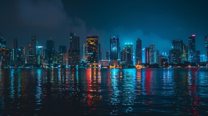 Fototapeta premium Illuminated Urban Cityscape at Night Featuring Skyscrapers, Neon Lights, and Vibrant Street Life in a Metropolitan Downtown Area. Perfect Representation of Modern Nightlife and Urban Exploration with 