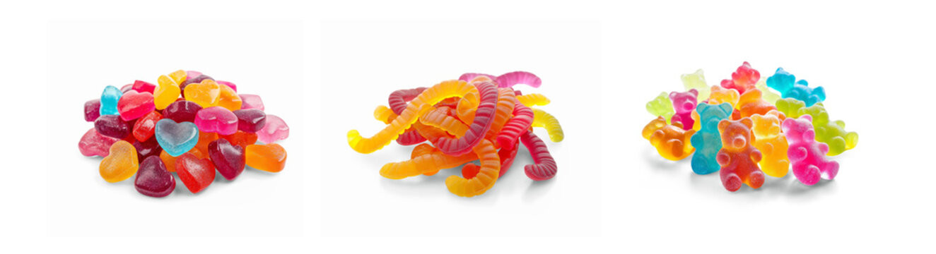 assorted gummy chewy gelatin candy shaped as hearts, worms and bears, children sweet sugar treat isolated on transparent png background