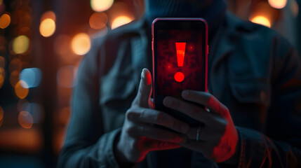Man holding a smartphone with a digital red exclamation mark icon on the screen. depicting an online security concept 
