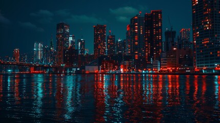 Fototapeta premium Illuminated Urban Cityscape at Night Featuring Skyscrapers, Neon Lights, and Vibrant Street Life in a Metropolitan Downtown Area. Perfect Representation of Modern Nightlife and Urban Exploration with 