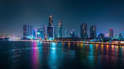 Obraz premium Illuminated Urban Cityscape at Night Featuring Skyscrapers, Neon Lights, and Vibrant Street Life in a Metropolitan Downtown Area. Perfect Representation of Modern Nightlife and Urban Exploration with 