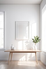 Fototapeta premium Mock up frame in home interior background, white room with natural wooden table and decor, 3d render