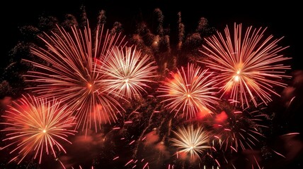 Silvester New year New Year's Eve Party background banner greeting card firework - Red fireworks, isolated on black night sky background texture, Generative AI