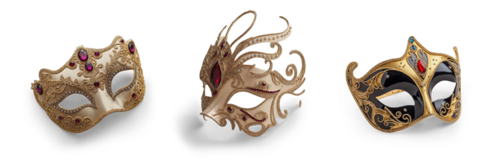 set of classic design of Venice or opera theatre face mask costume, for party or festival events isolated on transparent png cutout background