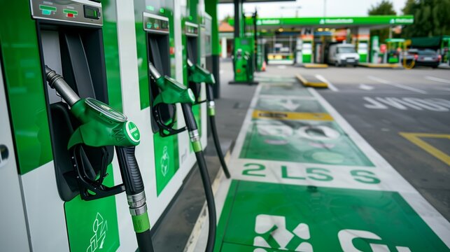 Close-up of green biodiesel fuel pumps at a gas station
