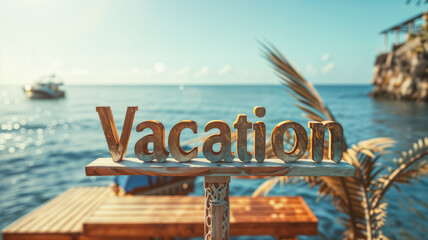 Summer landscape with the word vacation in 3d, travel and holiday concept, tourism, beach and sea