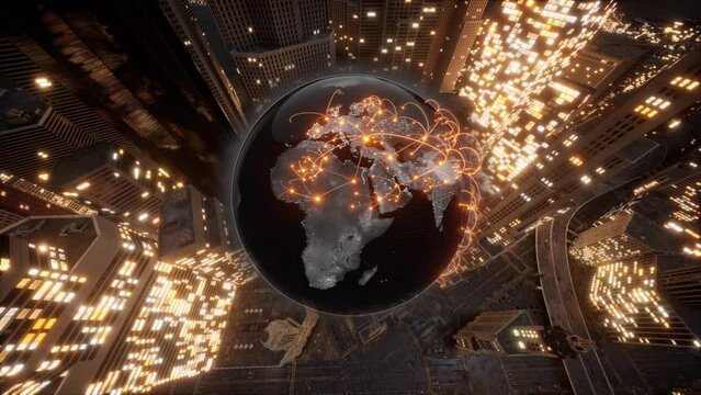 Vista a&eacute;rea de edificios muy iluminados y globo terr&aacute;queo girando mostrando los continentes y pa&iacute;ses comunic&aacute;ndos y conect&aacute;ndose entre s&iacute; con conectores luminosos que los van uniendo.