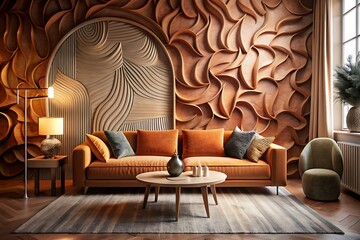 Autumn colors wall, rust sofa, wood coffee table, warm lighting, elegance