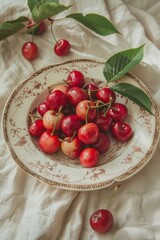 A vintage plate filled with fresh red cherries, placed on a soft beige fabric.