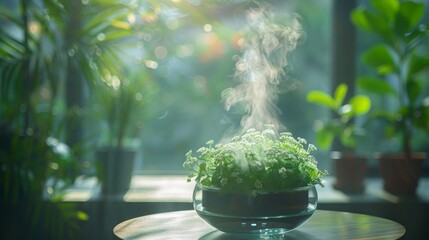 Ultrasonic diffuser misting essential oils for cleaning air at home. Aromatherapy and alternative medicine concept