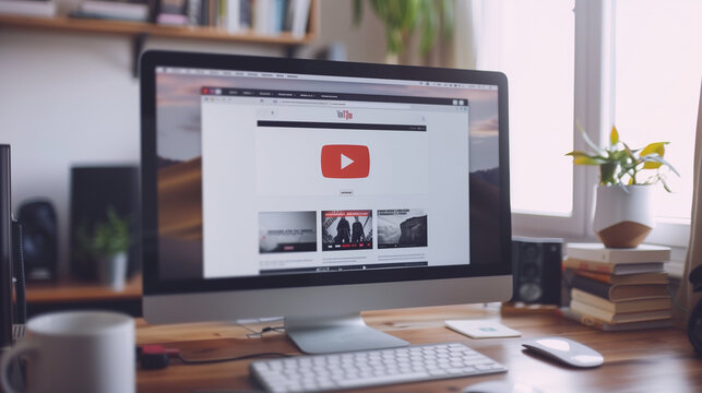 A desktop computer displays a YouTube video player mockup on its screen. The computer is situated on a wooden desk with a keyboard, mouse, and a cup of coffee