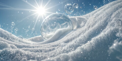transparent sphere lies on a snowdrift, sun and soap bubbles around. - Powered by Adobe