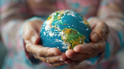Close-up of adult hands gently cradling a globe, expressing concern for global issues and unity among nations