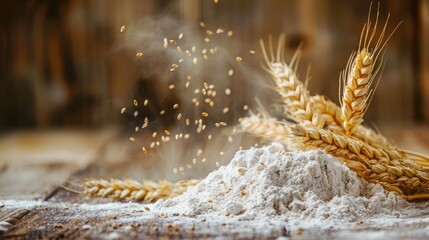 Pile of flour with golden ears of wheat on a rustic wooden table, showcasing freshly sifted ingredients
