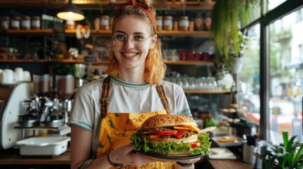 Young woman entrepreneur and cafe employee presenting a gourmet sandwich in the welcoming atmosphere of a restaurant coffee shop