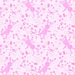 Cartoon sewing hobbies seamless rabbit toys and buttons and scissors pattern