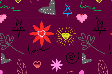 love pattern and sun with leaf and star with love tex