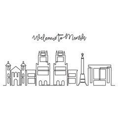 Naklejka premium One continuous line drawing of Minsk skyline vector illustration. Modern city in Europe in simple linear style vector design concept. One of big city in Belarus. Iconic architectural building design.