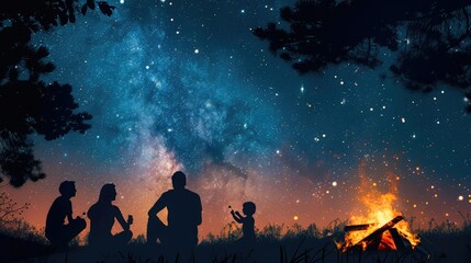 Fototapeta premium Big family silhouette gathered around a campfire, roasting marshmallows under a starry sky