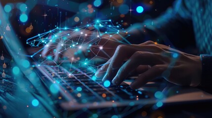 Close-up of a man's hands on a laptop keyboard, researching smart open AI concepts online