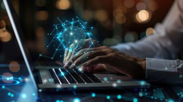 Close-up of a man's hands on a laptop keyboard, researching smart open AI concepts online - Powered by Adobe