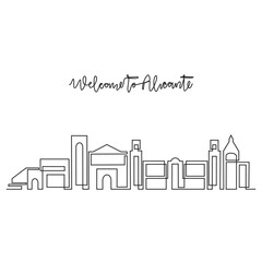 Obraz premium One continuous line drawing of Alicante skyline vector illustration. Modern city in Europe in simple linear style vector design concept. One of big city in Spain. Iconic architectural building design.