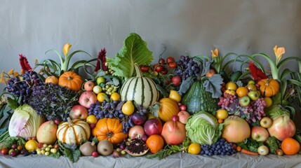 Colorful array of fresh fruits and vegetables arranged in a bountiful harvest display