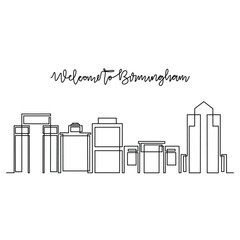 One continuous line drawing of Birmingham skyline vector illustration. Modern city in Europe in simple linear style vector design concept. One big city in England. Iconic architectural building design