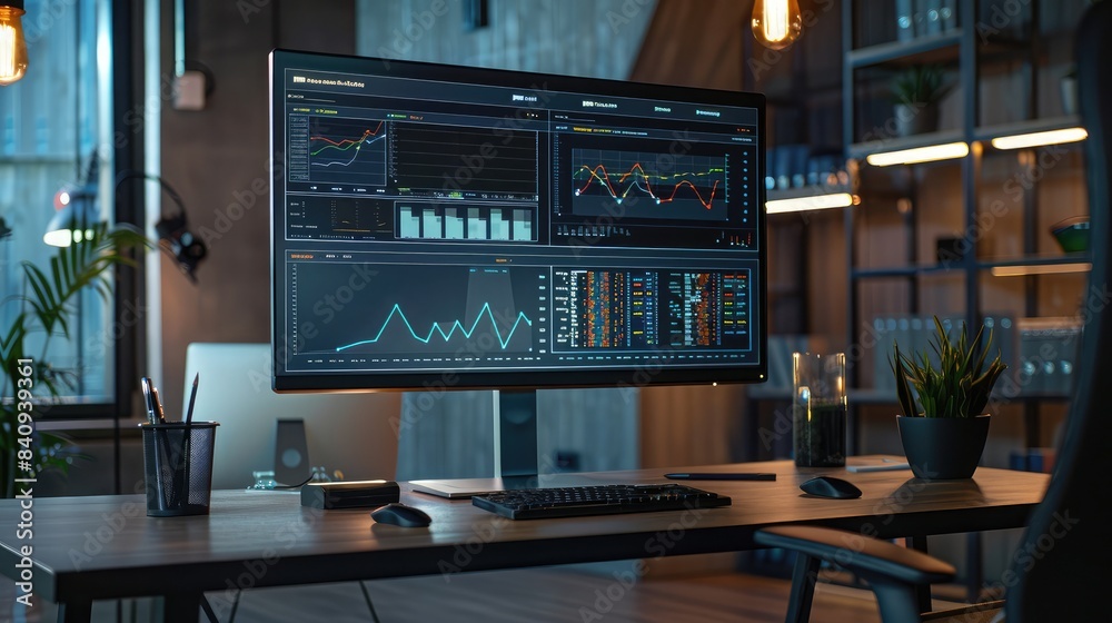 Poster digital graph interface on a large monitor in a modern office, showing complex data analytics