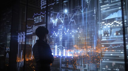 Digital graph interface projected onto a glass screen, with a person analyzing the data
