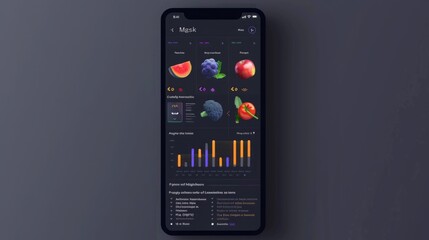 A close-up image of a smartphone screen showcasing a mobile app interface for tracking food consumption and analyzing dietary data.